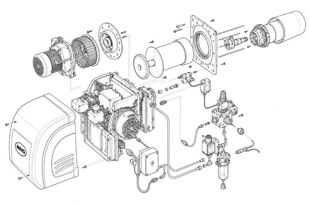 Esploso tecnico di un bruciatore MHG con i componenti principali